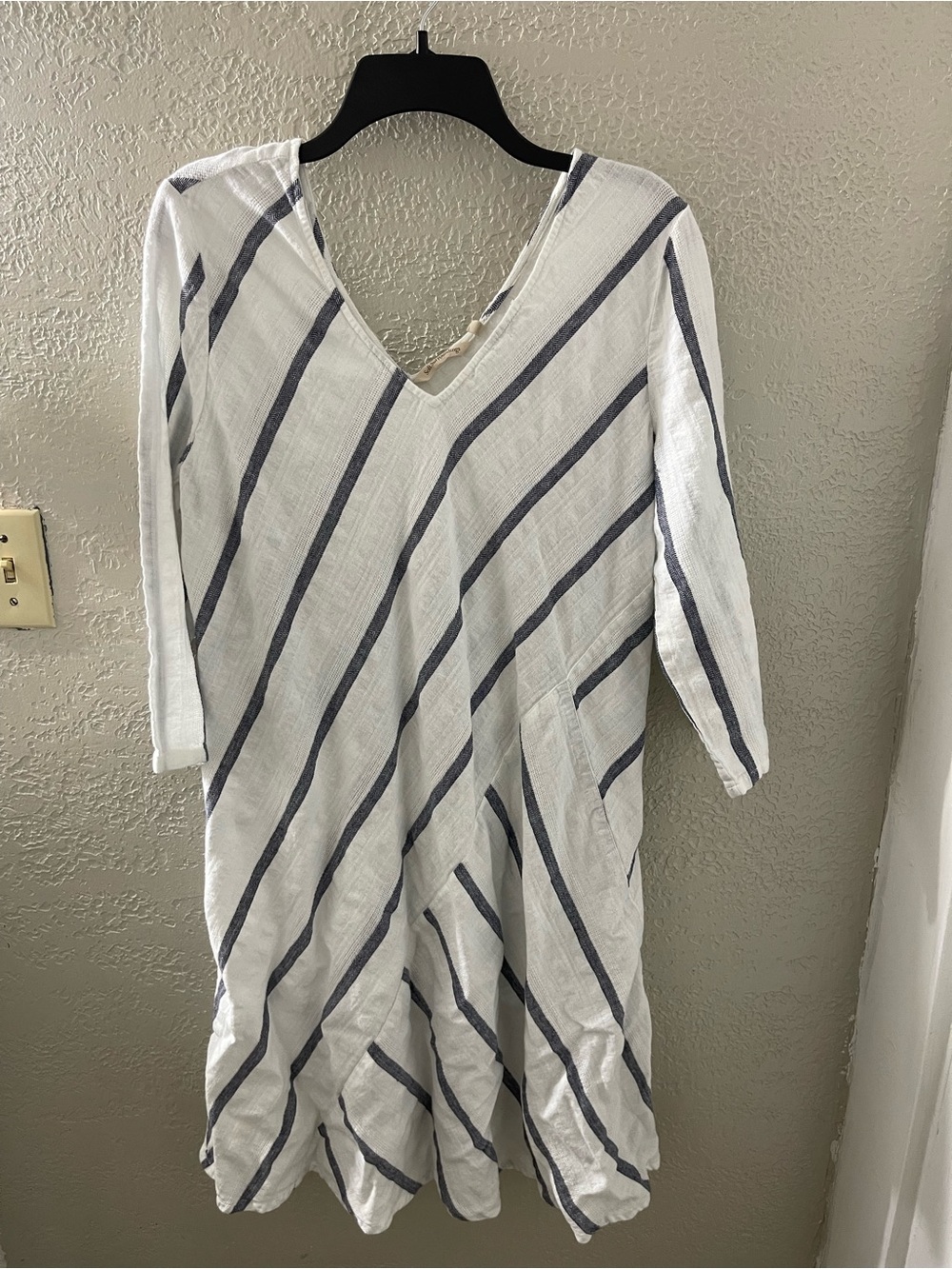 Soft Surroundings White Linen-Blend‎ V-Neck Dress with Navy Stripes XL
